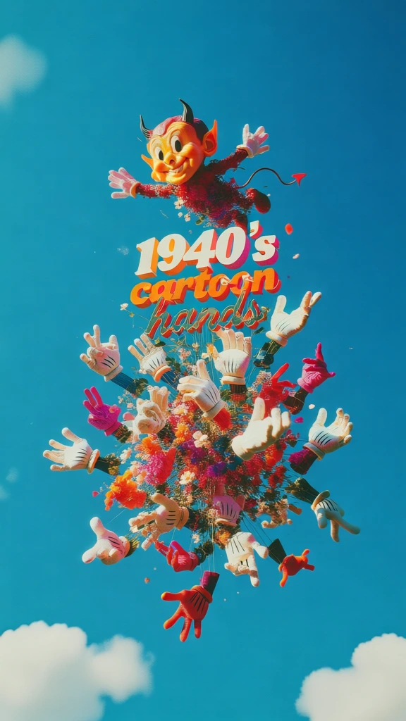 a mischievous 1940s rubber-hose devil character floating above bold stylized text reading '1940's cartoon hands', a dense centralized cluster of thirty-two disembodied white-gloved hands in various expressive poses suspended below, all set against a vibrant saturated cerulean sky, high-key direct sunlight, sharp crisp outlines, technicolor color treatment, subtle vintage kodachrome film grain, surrealist weightless composition, playful mid-century graphic aesthetic.