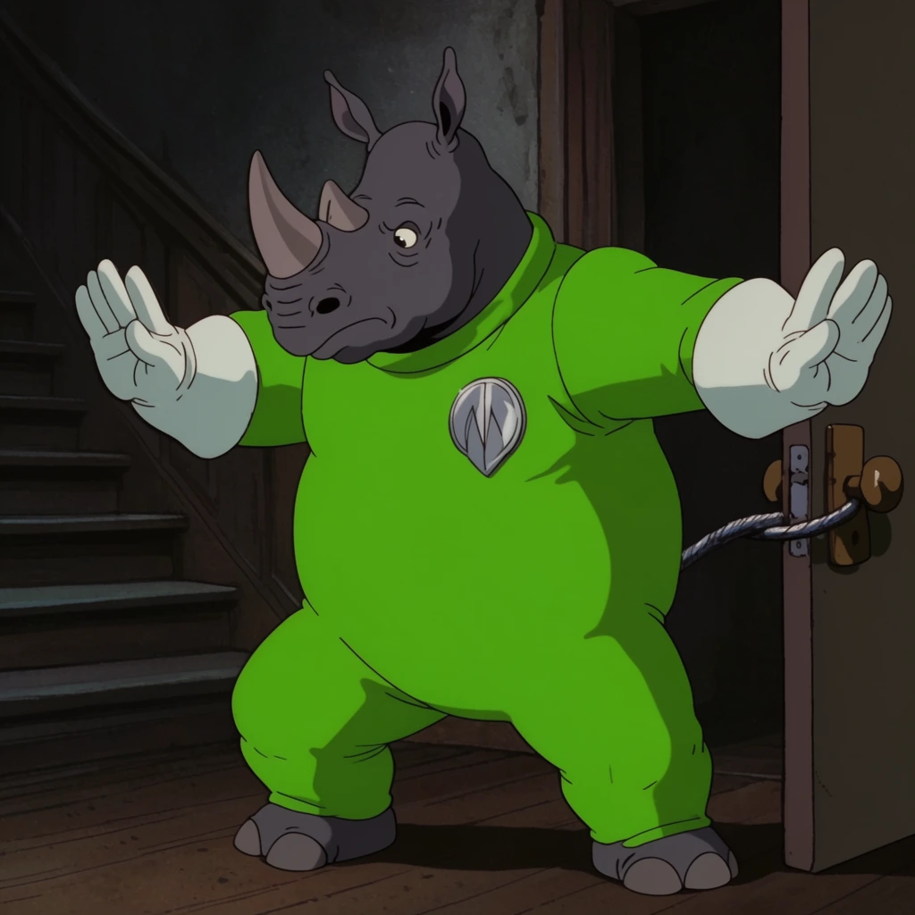 A burly anthropomorphic rhinoceros in a neon green jumpsuit strikes a defensive pose in a dim hallway. The wide-stanced rhino features dark grey skin, white gloves, and a silver chest badge. His arms are outstretched defensively. Behind him, a metallic cable is pinched in an open door. A shadowy wooden staircase sits in the background. Rendered in a classic 2D cel animation style with flat colors and moody lighting.