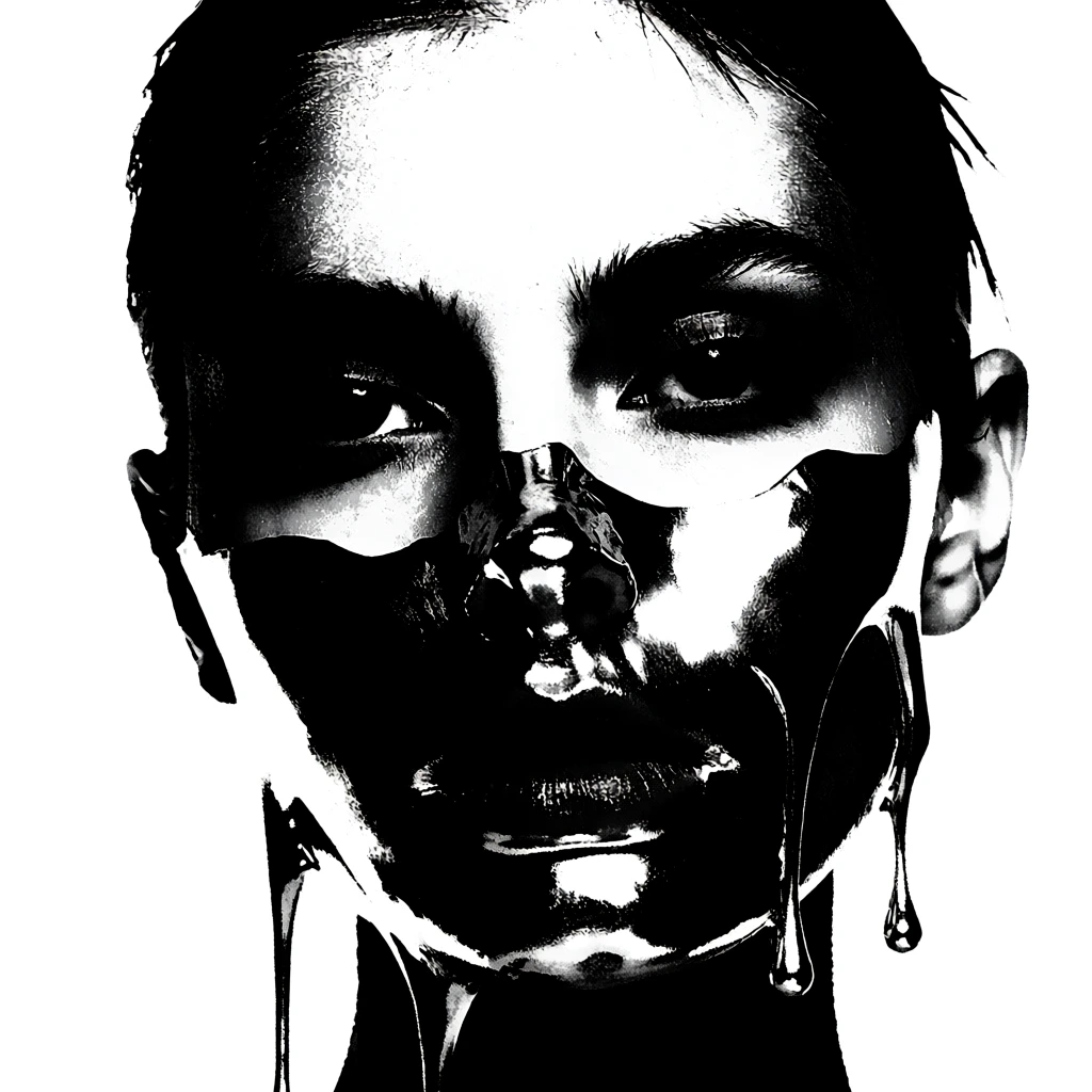high-contrast black and white portrait, extreme threshold effect, gritty xerox aesthetic, heavy stippling and film grain, harsh lighting creating deep shadows, woman's face partially submerged in viscous metallic fluid, shimmering liquid chrome dripping over features, sharp white highlights on the metallic surface, avant-garde punk photography style, low-fidelity darkroom distortion, minimalist two-tone composition, industrial texture, dramatic underground zine atmosphere.