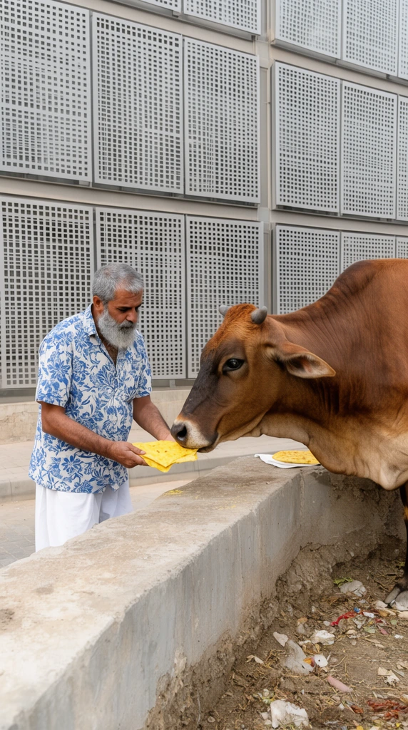 An older, grey-bearded man in a blue-and-white floral shirt feeds yellow flatbread to a large brown cow across a low concrete ledge. Bright daylight illuminates the candid urban scene, framed against a modern building with gridded metal window screens.