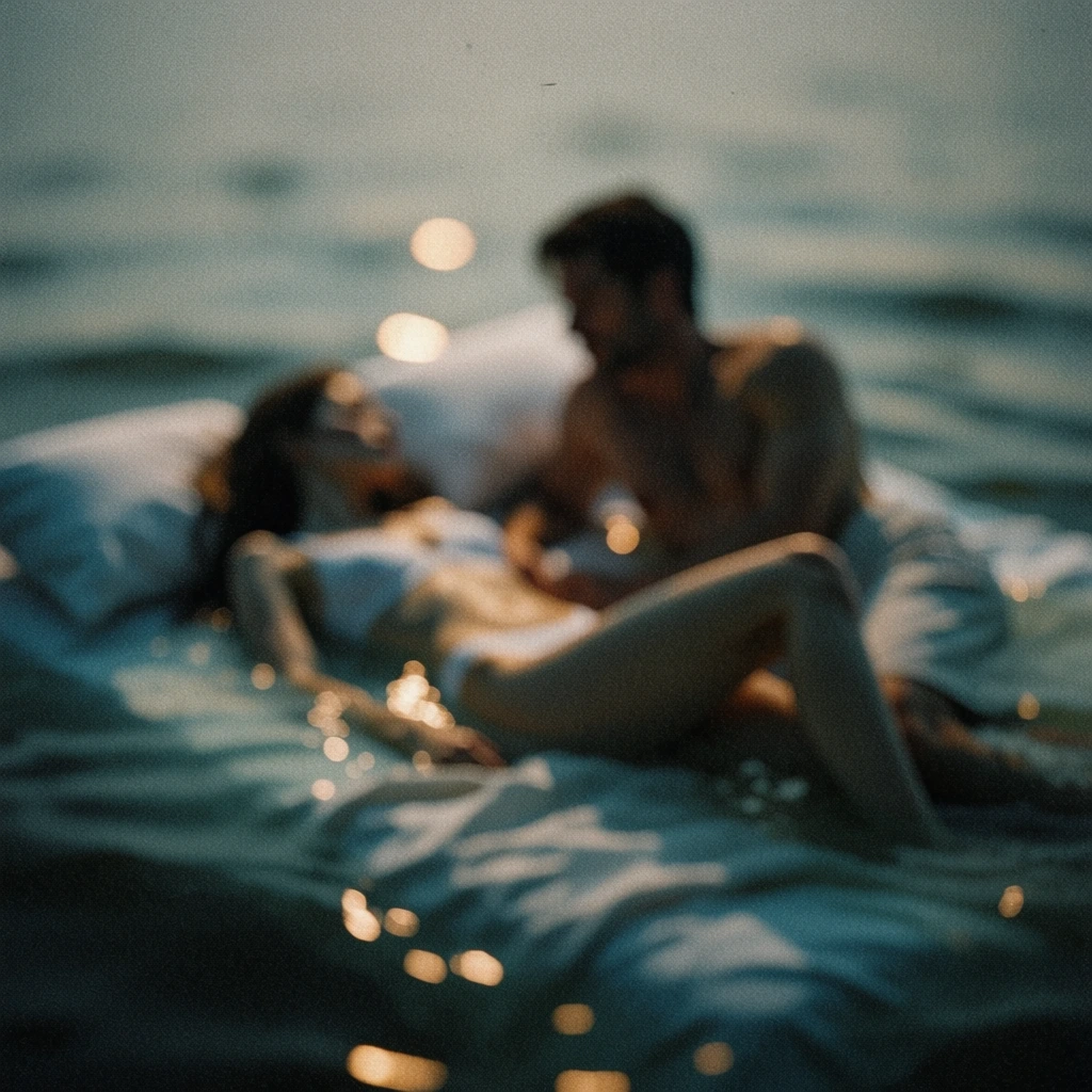 cinematic lo-fi still, heavy analog film grain, extremely out of focus impressionistic blur, man and woman lying on a bed submerged in dark water, moody teal and charcoal color palette, warm amber bokeh highlights, ethereal and nostalgic atmosphere, vintage 35mm film aesthetic, desaturated tones, soft silhouettes, grainy texture, low light, melancholy mood, wet reflections, surreal dreamscape, high iso noise, soft light dispersion