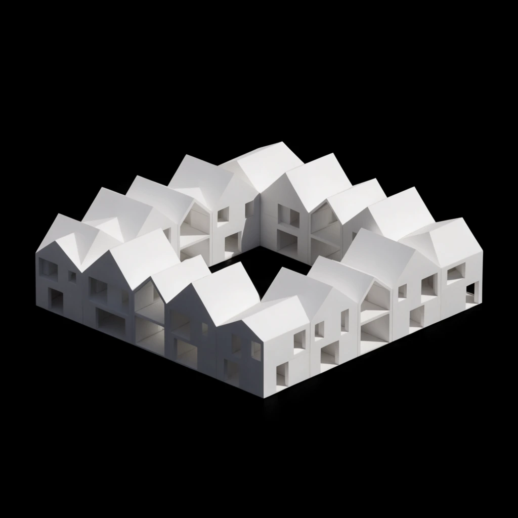 A stark white architectural massing model of a continuous multi-peaked building arranged in a square ring around a central courtyard floats against a pure black background. The connected, house-like modules feature varying asymmetric pitched roofs, deep rectangular window cutouts, and open gabled passageways. Rendered in a minimalist matte material from a high-angle perspective, intense directional lighting casts sharp geometric shadows across the facade and inward over the courtyard, emphasizing the crisp edges and faceted planes of the conceptual study.