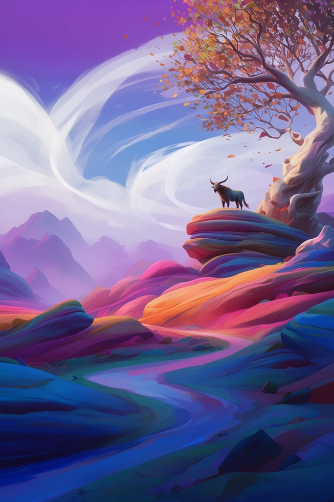 A solitary horned creature stands on a layered rock outcropping in a surreal, vibrantly colored landscape. The undulating terrain is composed of smooth, striated formations glowing in striking gradients of deep blue, magenta, and warm orange. On the right, a large twisted tree with a pale, gnarled trunk supports intricate branches and floating autumn-colored leaves. A fluid, winding path cuts through the foreground, reflecting the vividly hued environment. Distant jagged mountains fade into a soft purple atmospheric haze. The sky shifts from rich violet to pale blue, dominated by sweeping, translucent white clouds that swirl dynamically like thick brushstrokes across the horizon. The stylized 3D rendering emphasizes a dreamlike, neon-infused natural color palette, characterized by soft painterly lighting and smooth, flowing compositional lines.