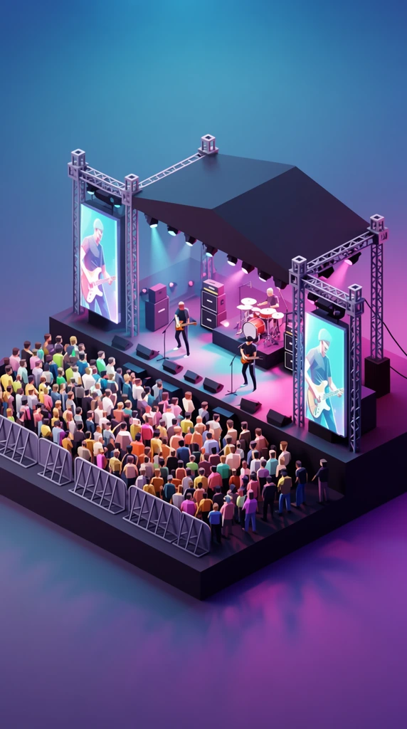 isometric 3D low-poly live concert diorama, multi-level stage with dark canopy and metal trusses, band playing drums and guitars, glowing vertical screens showing a guitarist, stacked black amplifiers, neon pink and cyan stage lighting illuminating a dense crowd of minimalist faceless figures behind grey barricades, dark base block, smooth blue to purple gradient background, crisp geometric shapes, flat shaded polygons