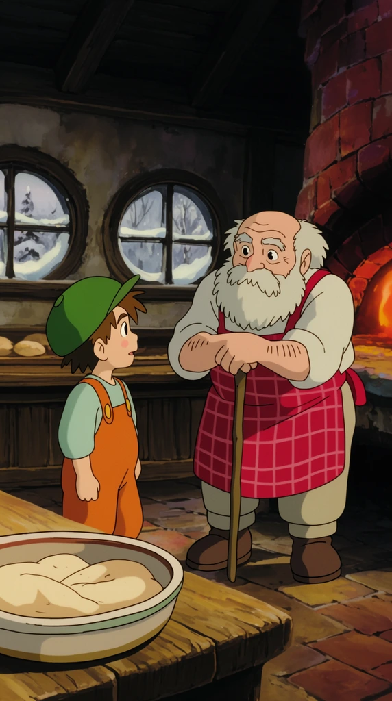 A young boy and an older bearded man converse in a rustic bakery workshop rendered in a classic 2D cel-shaded animation style. The boy features spiky brown hair, a green cap, and orange overalls, looking at the older man who sports a bushy white beard, a red checkered apron, and leans on a wooden staff. A ceramic dish filled with dough sits in the foreground. A wooden counter spans the midground below small round windows framing a snowy landscape, while a brick hearth oven glows on the right, illuminating the hand-painted backgrounds with warm ambient lighting.