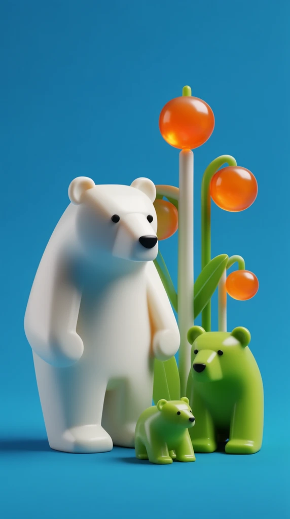 A large stylized bear stands alongside two smaller bears, all rendered as sleek, 3D-modeled objects with perfectly smooth, rounded geometric contours. Behind the bears emerge tall, stylized plants with clean, cylindrical stems, supporting perfectly spherical round fruits suspended above. The entire composition features a bold, high-contrast color-blocked palette of pristine matte white, vivid lime green, and luminous, semi-translucent bright orange. The figures and flora are illuminated by crisp, refined studio lighting that creates gentle gradient highlights and soft, defined drop shadows on the polished, synthetic surfaces. The minimalist scene is isolated against a perfectly flat, highly saturated cyan-blue background, emphasizing a flawless, tactile rendering style reminiscent of modern industrial design and premium molded plastics.