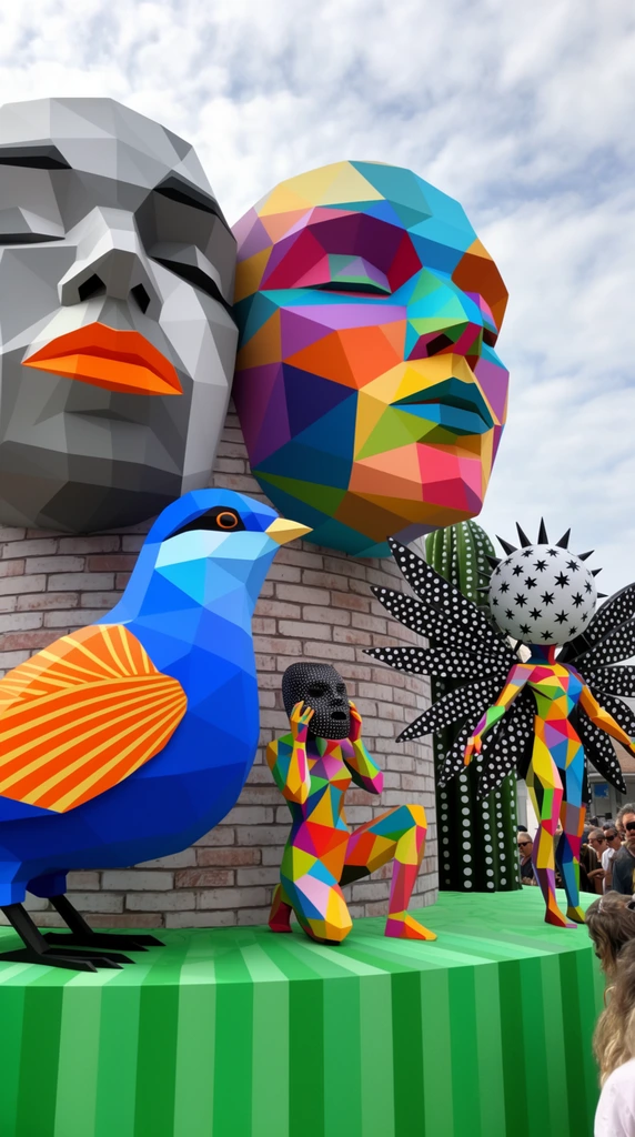 massive outdoor geometric sculpture installation, two huge faceted heads resting on a faux-brick cylindrical base, one grayscale face with bright orange lips, one vibrant multicolored polygonal face, large stylized blue bird with orange and yellow striped wings standing in the foreground, kneeling humanoid figure made of colorful polygons holding a black dotted mask to its face, winged geometric figure with a white star-patterned spherical head and black spikes, green striped platform base, black polka-dotted cactus structure in background, partial crowd of onlookers in the lower right corner, bright daylight, partly cloudy sky, low-poly 3D art style, vibrant pop surrealism