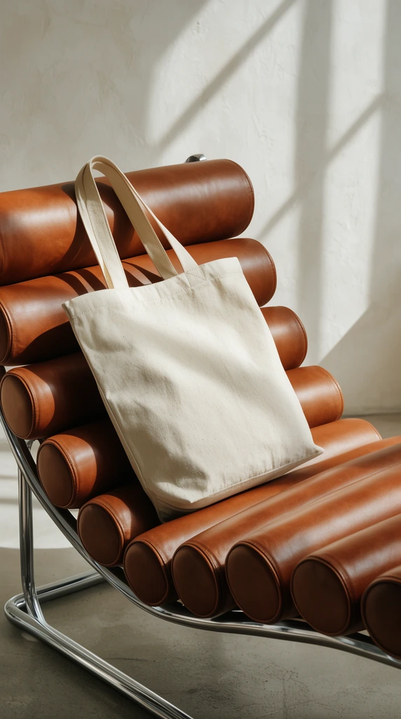 A natural unbleached canvas tote bag rests on an elegant lounge chair featuring rich cognac-brown leather cylindrical cushions and a polished chrome tubular frame. The chair sits in a minimalist interior against a subtly textured off-white plaster wall. Dramatic, angled natural sunlight slices through the composition, casting sharp architectural shadows across the background wall, the supple leather rolls, and the matte fabric of the bag. The high-end product photography style features a warm earthy palette, crisp focus on the bag's textured weave, and a serene, editorial atmosphere.
