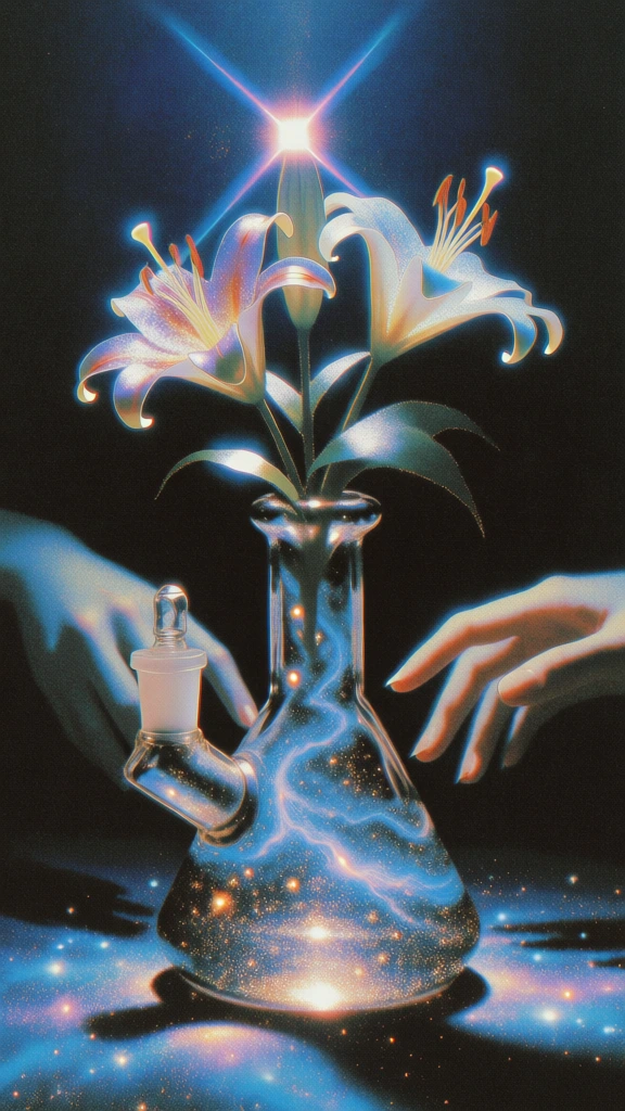 surreal airbrushed illustration of a glass water pipe acting as a vase for glowing lilies, vintage 80s sci-fi aesthetic with heavy film grain, deep navy cosmic background, glass filled with swirling electric blue nebulae and gold stardust, ethereal pale hands reaching from the sides, vibrant four-pointed lens flare at top, soft internal glow, high contrast, dreamy lo-fi atmosphere, nostalgic retro-futurism, soft-focus highlights, celestial and moody vertical composition.