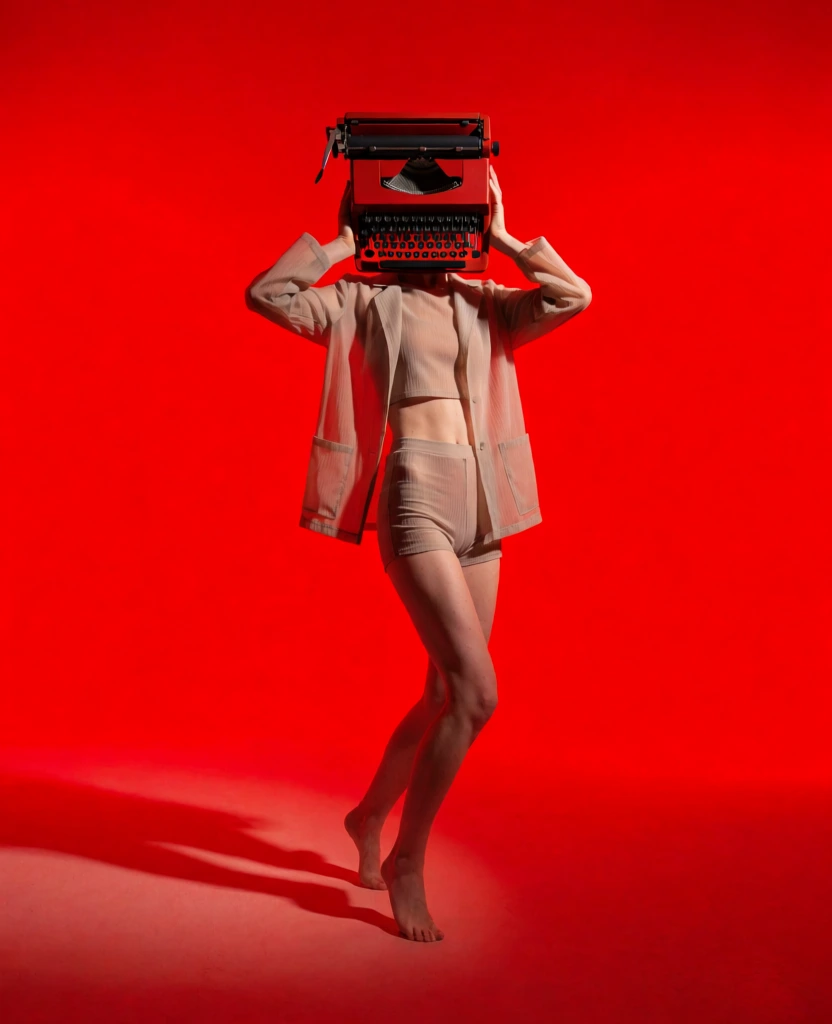 A striking surreal fashion portrait shows a standing person whose head is completely replaced by a large vintage typewriter, all set against an all-red studio backdrop that makes the scene feel bold, graphic, and slightly absurd. studio photography, surreal conceptual portrait, fashion editorial, monochrome red wash, minimalist set, high-key backdrop with strong directional light, contemporary art-photo aesthetic, pop-surreal, deadpan theatricality, crisp focus, medium visual complexity, clean composition, graphic silhouette, vivid scarlet and crimson palette with muted off-white clothing accents, high saturation, moderate-to-high contrast, sharp shadow detail, likely wide-to-normal lens, full-body framing, no visible grain, no blur, no motion artifacts, visually adjacent to Erwin Olaf, Guy Bourdin, Tim Walker, and a touch of Magritte-inspired surrealism. In the center of the frame, a slim person stands mid-stride facing slightly left of camera, their body visible from shoes to upper torso, but their actual head is fully obscured by a bulky red typewriter positioned where the head should be. The typewriter is angled slightly to the viewer’s right, with its black circular keys and metal mechanisms clearly visible on the front and top; the carriage and roller sit across the top edge, catching darker metallic highlights. The person’s arms are bent upward, hands seemingly supporting the underside of the typewriter near jaw level, reinforcing the illusion that it is worn as a head. They wear a loose open jacket in red-tinted fabric that hangs to mid-thigh, a fitted sleeveless crop top underneath, pale high-waisted shorts, slouchy ankle socks, and chunky athletic sneakers. The left leg crosses forward and left, the right leg extends down and right, creating a dynamic walking pose. A strong shadow stretches from the shoes toward the bottom left corner. The background is a seamless red cyclorama with a smooth gradient, darker toward the upper edges and more luminous near the lower center, leaving a large expanse of negative space around the figure and making the strange typewriter-headed silhouette the undeniable focal point.