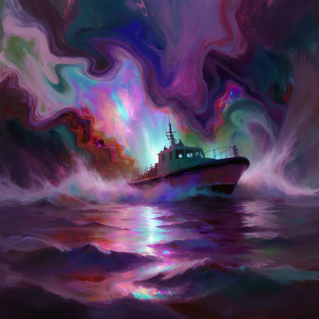 a pilot boat moving through choppy water, rendered in a psychedelic and fluid digital painting style, swirling marbled brushstrokes in vibrant shades of magenta, deep purple, and iridescent cyan, water's surface reflecting a glowing ethereal light source, high contrast with bioluminescent highlights, dynamic motion with thick oily textures, impressionistic and surreal atmosphere, silhouette of the boat against a radiant backlighting, vibrant dreamlike aesthetic, fluid color shifts.