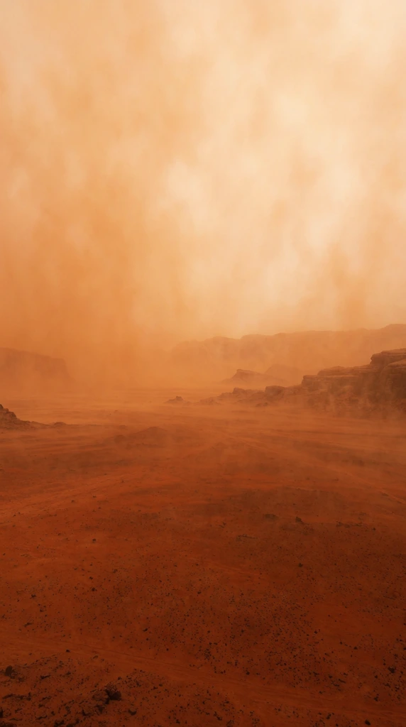 A vast, barren desert landscape is engulfed in a thick, monochromatic orange dust storm. The foreground features a desolate expanse of rust-colored terrain scattered with small, dark rocks. Midground rocky outcroppings and low mesas rise from the dusty plains, while distant mountain ridges fade into an impenetrable fog of peach and amber haze. The cinematic, panoramic wide shot emphasizes the oppressive scale of the environment. Diffused lighting filters through the airborne particulates, bathing the entire scene in a uniform wash of deep terracotta and glowing orange.