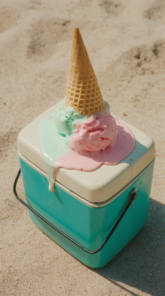 An upside-down ice cream cone melts rapidly atop a retro cooler resting on a bed of grainy beige sand. The waffle cone points upwards, perched on scoops of mint green and strawberry pink ice cream that have collapsed into a thick, glossy puddle spreading across the cooler's off-white lid. A viscous drip of pastel liquid hangs over the front edge. The hard-sided cooler features a vibrant teal base and a thin black wire handle folded downward. Captured from a high-angle perspective under harsh, direct summer sunlight, the composition casts a sharp diagonal shadow across the textured sand, emphasizing a nostalgic cinematic color palette with warm vintage undertones.