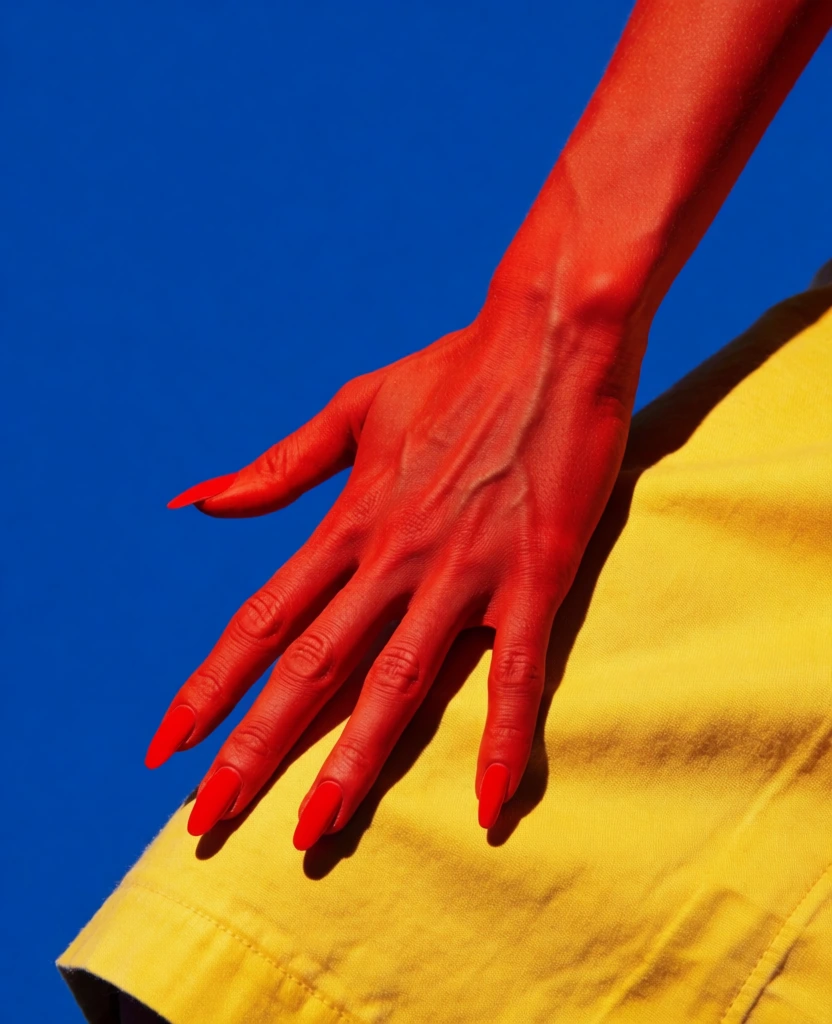 minimalist macro shot of a single hand with long fingernails resting on fabric, vibrant cobalt blue background, fire engine red hand and fingernails, bright yellow clothing texture, harsh direct sunlight creating sharp graphic shadows, high-contrast lighting, primary color palette, geometric abstraction, bold color blocking, clean lines, industrial-chic aesthetic, pop art style, sharp focus, minimalist composition, avant-garde fashion photography