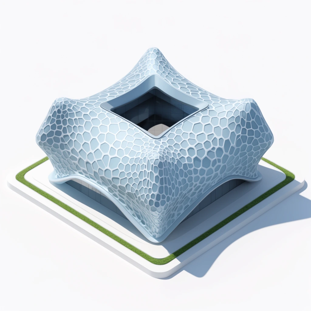 A 3D architectural rendering of a futuristic building model with an undulating, pale blue Voronoi-patterned exterior. The structure features a diamond-shaped roof opening and rests on a white base flanked by thin green grass strips, set against a pure white background with sharp shadows.
