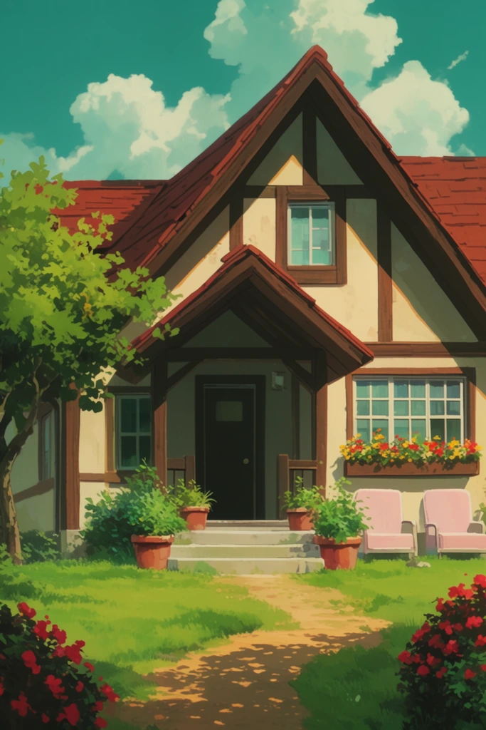 A charming house with a steeply pitched red-brown roof stands under a bright teal sky filled with fluffy white clouds, rendered in a vibrant 2D animation background style. The home features cream-colored exterior walls accented by dark brown wooden framing. A covered central porch shades a dark front door, accessed by concrete steps flanked by terra cotta pots of lush greenery. A window box blooming with red and yellow flowers sits above pale pink patio chairs on the right. A leafy green tree frames the left side, casting sharp diagonal shadows across the bright facade. A sun-dappled dirt path winds through the vivid green lawn, bordered by red flowering bushes in the foreground corners, emphasizing the warm, idyllic, cel-shaded aesthetic.