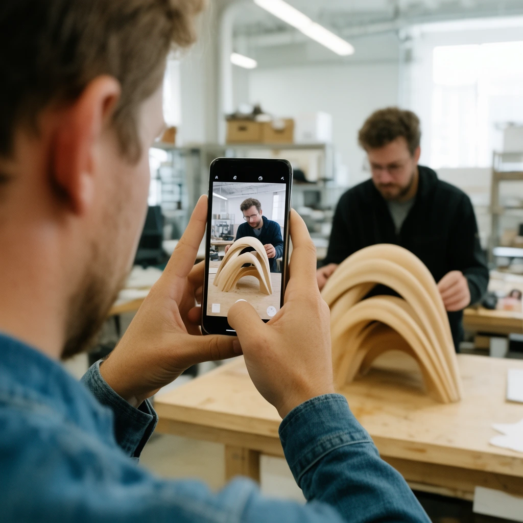 person taking photo with smartphone, over-the-shoulder view, phone screen displays second person examining curved wooden model, bright workshop, shallow depth of field