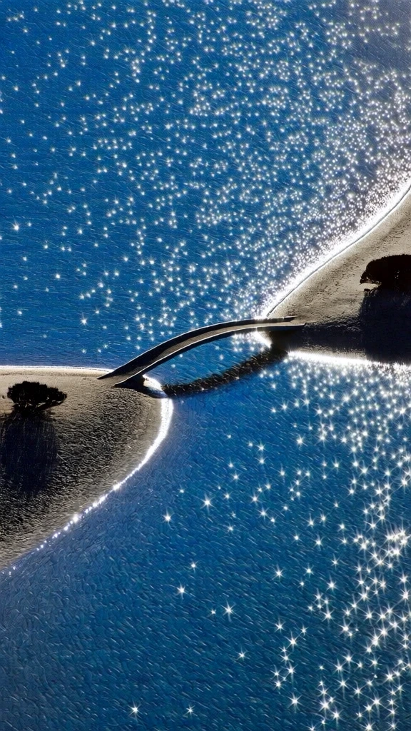 stark high-angle aerial view of a minimalist curved bridge spanning an expansive smooth surface, silhouetted bushes anchored on sandy granular land at the left bottom-left right and top-right corners, the composition is flooded with dense shimmering specular highlights and diamond-like bokeh starbursts across a deep cerulean void, high-contrast silhouettes, plain monochromatic background, sharp focus on the glistening textures, serene mood, mimicking sun-drenched water reflections.