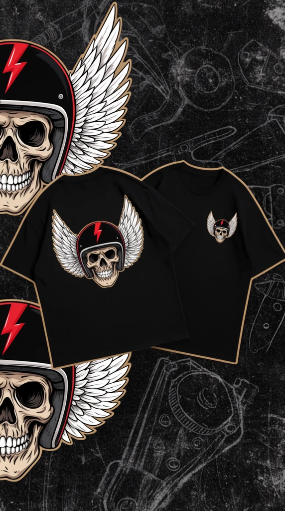 Two black short-sleeve t-shirts rest diagonally against a dark, heavily distressed background. The prominent left shirt displays a large, stylized graphic of a grinning skull wearing a black open-face motorcycle helmet accented with a red lightning bolt, flanked by expansive white feathered wings. The right shirt features a miniaturized version of this identical winged skull on the left chest. Both garments are outlined with a thin tan border. The grunge-style backdrop incorporates faded, chalk-like line art of mechanical tools layered with an oversized, cropped repetition of the central winged skull illustration along the left edge.