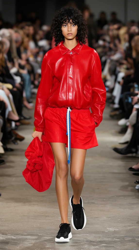 A model with dark curly hair and a focused expression strides down a concrete runway wearing a bright red leather jacket and matching red shorts. A contrasting white and blue drawcord hangs from her waist, and she grips a crumpled red fabric bag in her right hand. She wears black sneakers with thick white soles. A heavily blurred audience sits in rows on both sides of the aisle. Bright overhead lighting illuminates the glossy texture of the red leather, isolating the central figure against the out-of-focus crowd in a crisp fashion photography style.