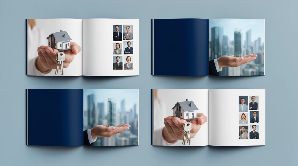 top-down flat lay of two open bi-fold brochures on a solid light blue-grey background, soft drop shadows creating a floating effect, clean geometric layout of alternating solid white and navy blue rectangular panels, photographic inserts of a hand holding a miniature model house with silver keys, a person presenting a miniature glass skyscraper against a city skyline, small inset portraits of professionals in a grid arrangement, crisp edges, modern corporate aesthetic, balanced composition, realistic studio lighting