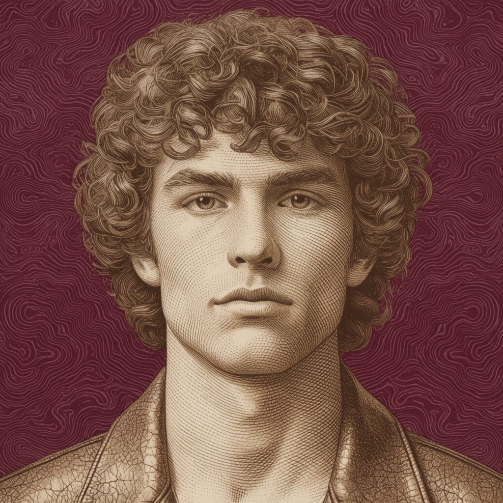 close-up portrait of a young man with voluminous curly hair and a strong jawline facing forward, highly detailed intaglio engraving style with fine cross-hatching, wearing a collared jacket with a cracked leather texture, figure rendered in warm sepia tones, set against a deep burgundy background of intricate swirling topographical contour lines, symmetrical composition, vintage banknote illustration aesthetic, precise parallel line shading