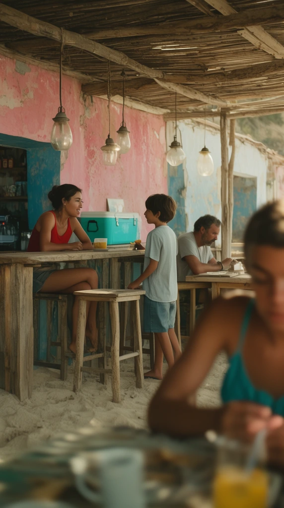 rustic open-air beach cafe, blurred foreground figure, woman in red tank top at wooden bar talking to standing boy, seated man resting head at table, weathered pink and blue stucco walls, hanging glass lamps, turquoise cooler, warm natural daylight, cinematic anamorphic widescreen