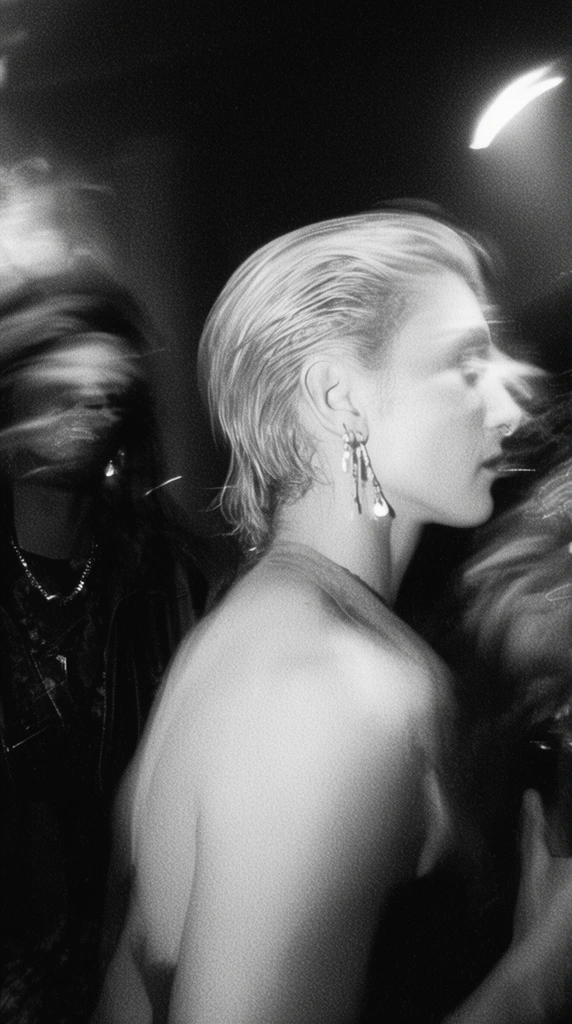 black and white photograph, gritty nightlife scene, heavy film grain, intense motion blur, stark flash photography, central figure in profile facing right, slicked-back light hair, dangling earrings, bare shoulders, secondary figure to the left with heavily blurred face in deep shadow, dark clothing, chaotic energy, high contrast, long exposure effect, candid raw aesthetic