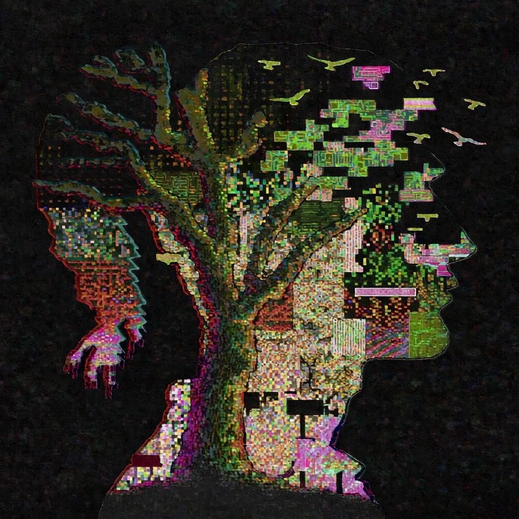 stark profile silhouettes of a suburban street and a gnarled tree with a scattered flock of birds against a void-black background, forms filled with dense layers of vibrant neon digital glitches, pixel-sorted blocks of magenta and electric green and gold, intricate data-corruption artifacts resembling circuit boards and 8-bit noise, heavy stippled grain and xerox texture, high-contrast pointillism, flat graphic composition, chromatic aberration along fragmented edges