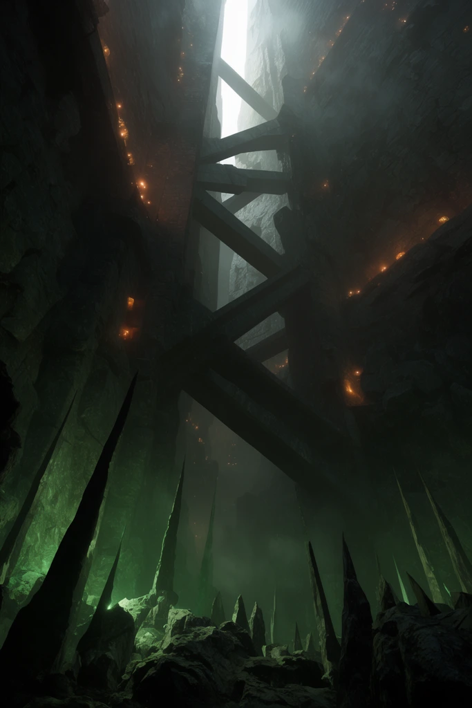 A towering dark stone chasm illuminated by hazy daylight pouring from a narrow top opening. Massive structural beams crisscross the gap between steep rocky walls dotted with small glowing orange lights. The lower foreground features rugged rocks and sharp spikes bathed in eerie green light. Foggy, monumental cinematic composition from a low angle emphasizing the cavernous scale.