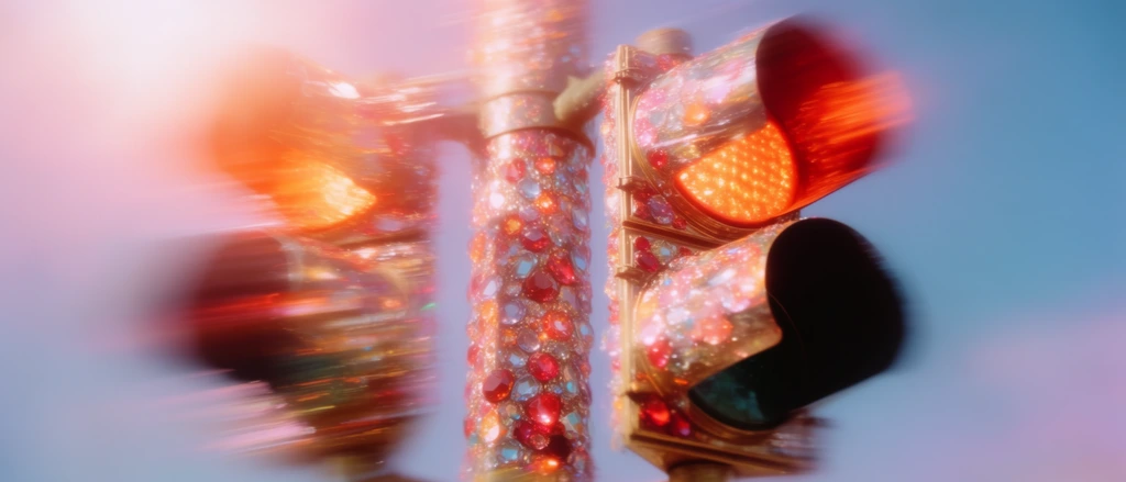 A heavily motion-blurred, ethereal view of a jewel-encrusted traffic signal pole glowing intensely within a hazy pastel environment. The vertical cylindrical pole and the attached traffic light housing are completely armored in densely packed, highly faceted jewels refracting fiery orange, deep crimson, and soft pink illumination. The entire composition undergoes an extreme horizontal motion blur, stretching the luminous circular traffic signals and the sparkling facets of the gems into fluid, painterly streaks across the frame. A brilliant, overexposed light leak washes in from the upper left, casting a diffused, blooming halation over the distorted structural forms. The background melts into a smooth, swept gradient of soft cerulean blues and pale pinks, devoid of sharp geometric details. The aesthetic employs experimental, impressionistic photographic techniques characterized by optical smearing, severe soft focus, and deep color saturation, transforming the jeweled traffic pole into transient, glowing ribbons of kinetic light.