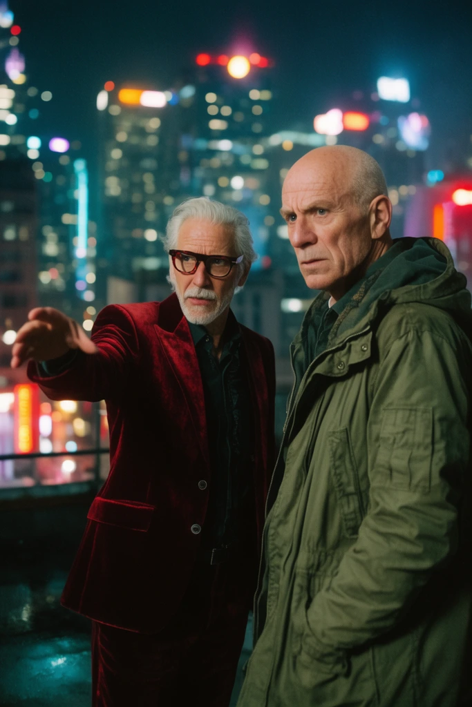 Medium cinematic shot of two older men on a neon-lit night rooftop. One in a crimson velvet blazer and dark glasses gestures sideways. The other, bald in an olive parka, stares intently forward. Shallow depth of field, blurred glowing city skyline, anamorphic lens flares.