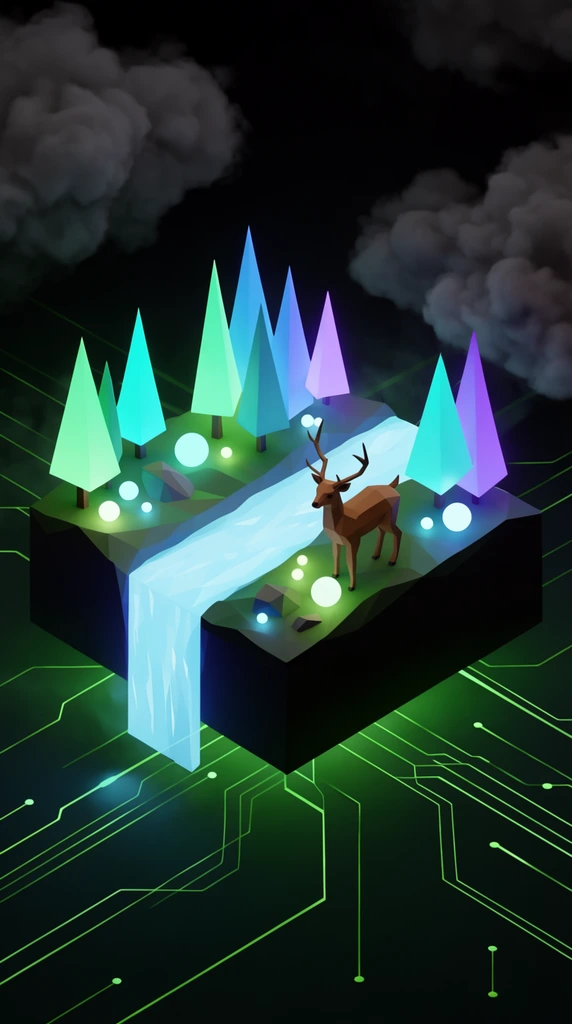 isometric 3D floating dark terrain block, low-poly brown deer standing beside a glowing light blue river cascading into a waterfall, geometric glowing trees in cyan green blue and purple shapes, small floating spherical light orbs, dark background featuring neon green circuit board lines, dark grey volumetric clouds, minimalist low-poly 3D render, vibrant neon lighting contrasting dark palette
