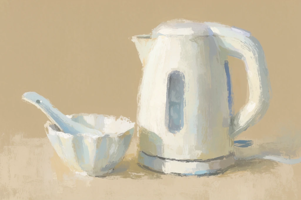 A painterly still life features a white electric kettle beside a small ruffled bowl and spoon resting on a muted tan surface. The objects are rendered with broad, expressive brushstrokes in shades of cream, pale blue, and cool gray, giving them a heavily textured, chalky finish. Soft directional light from the left casts gentle, diffused shadows to the right. The artwork employs a loose, impressionistic style with highly visible mark-making and unblended patches of color against a solid warm beige background.