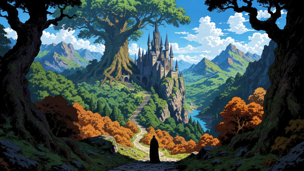 A lone figure cloaked in a long black garment stands at the bottom of a winding stone path, looking toward a monumental fantasy landscape. The path leads upward through a valley of dense green forests and patches of orange-foliaged trees, toward a towering grey stone castle. The castle is built directly into a steep cliffside and is characterized by numerous pointed spires and intricate gothic masonry. To the left of the castle, an ancient, colossal tree with a thick, gnarled trunk and a massive canopy of green leaves dominates the midground, its branches reaching across the upper portion of the frame. The entire scene is framed by the dark, heavily textured silhouettes of gnarled tree trunks on the left and right foreground. Below the castle, a narrow body of blue water snakes through the valley floor. In the far background, jagged blue and green mountain peaks sit under a bright blue sky filled with scattered, fluffy white clouds. The digital illustration uses a vertical composition with high-contrast lighting that illuminates the central valley while leaving the immediate foreground in deep shadow. The color palette is rich with vibrant greens, autumn oranges, and clear blues, all rendered with sharp, detailed line work and a focus on epic scale.