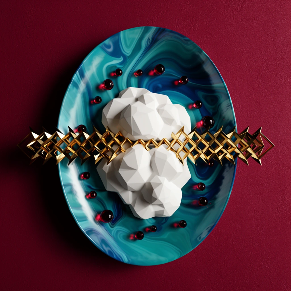 A top-down view of an abstract 3D composition featuring a swirling teal and blue marbled oval plate on a textured deep maroon surface. The center holds white, faceted, crystalline mounds horizontally pierced by a jagged, golden geometric lattice. Small, translucent, dark red spherical jewels are scattered across the glossy plate. Strong directional lighting from the right casts sharp leftward shadows, emphasizing the contrast between the fluid blue patterns, the matte white geometric shapes, the metallic gold spikes, and the flat crimson background.