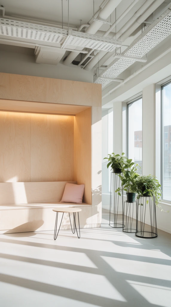 modern minimalist interior, light plywood built-in seating nook with warm recessed lighting, pale pink pillow, green potted plants on tall black wire stands, small round side table with hairpin legs, exposed white ceiling with pipes and cable trays, strong natural sunlight from right-side windows, long geometric shadows cast across the floor, architectural photography, clean lines