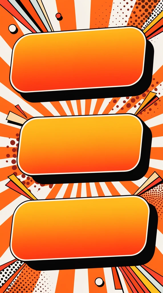 retro pop art graphic layout, vibrant orange and white radiating sunburst background, floating empty rounded plaques with thick black 3D drop shadows, orange to yellow gradient fills, dynamic geometric accents, vintage comic book aesthetic
