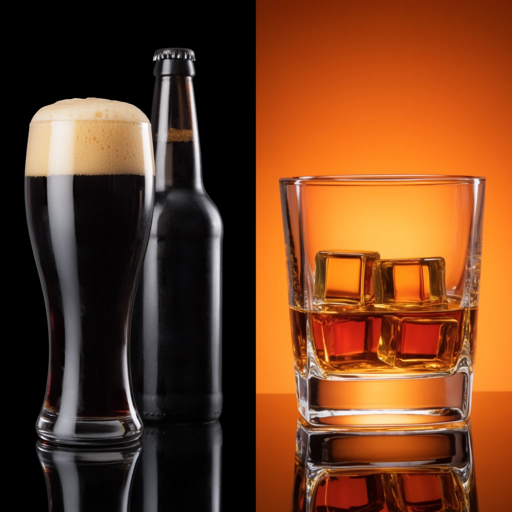 split diptych, dark stout beer with thick foam in a curved glass beside a dark bottle on a black background, amber liquor with square stones in a heavy rocks glass on an orange gradient background, commercial beverage photography, studio lighting