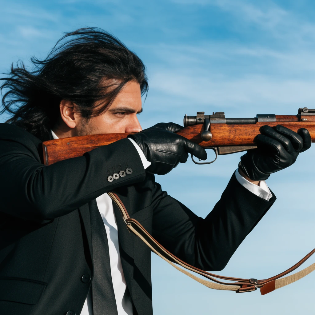 man in a tailored black suit aiming a vintage bolt-action wooden rifle, windblown dark hair, white dress shirt, black tie, black leather gloves gripping the weapon, leather and canvas sling dangling from the barrel, clear blue sky background with thin wispy clouds, bright natural daylight, medium side profile shot, cinematic composition, sharp focus, photorealistic