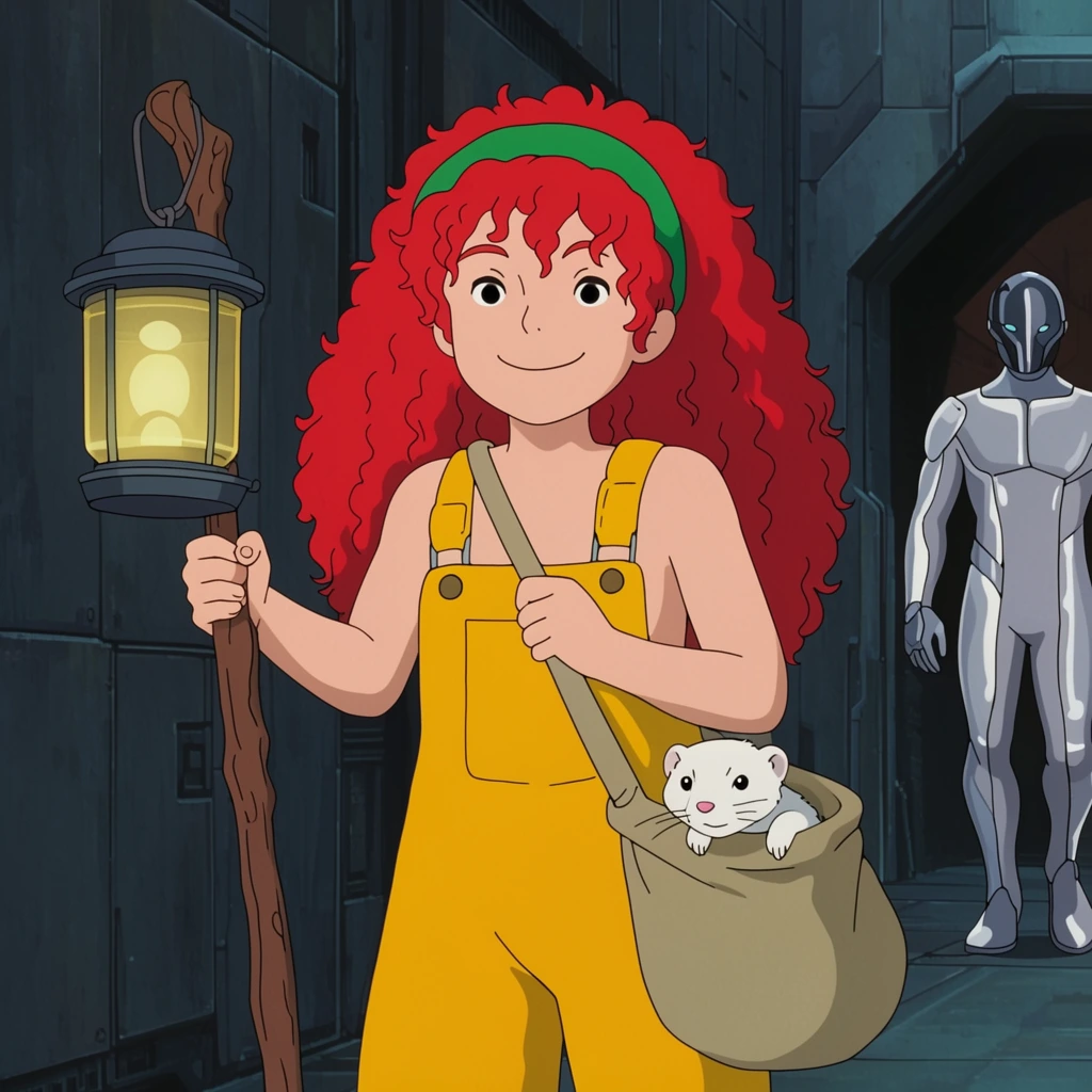 A 2D animated girl with long curly red hair and a green headband smiles, holding a wooden staff and lantern. She wears yellow overalls and a canvas bag holding a peeking white ferret. They stand before dark metallic panels in a futuristic alleyway. A figure in a silver suit walks past an archway in the background. The rendering features flat colors and crisp line art.