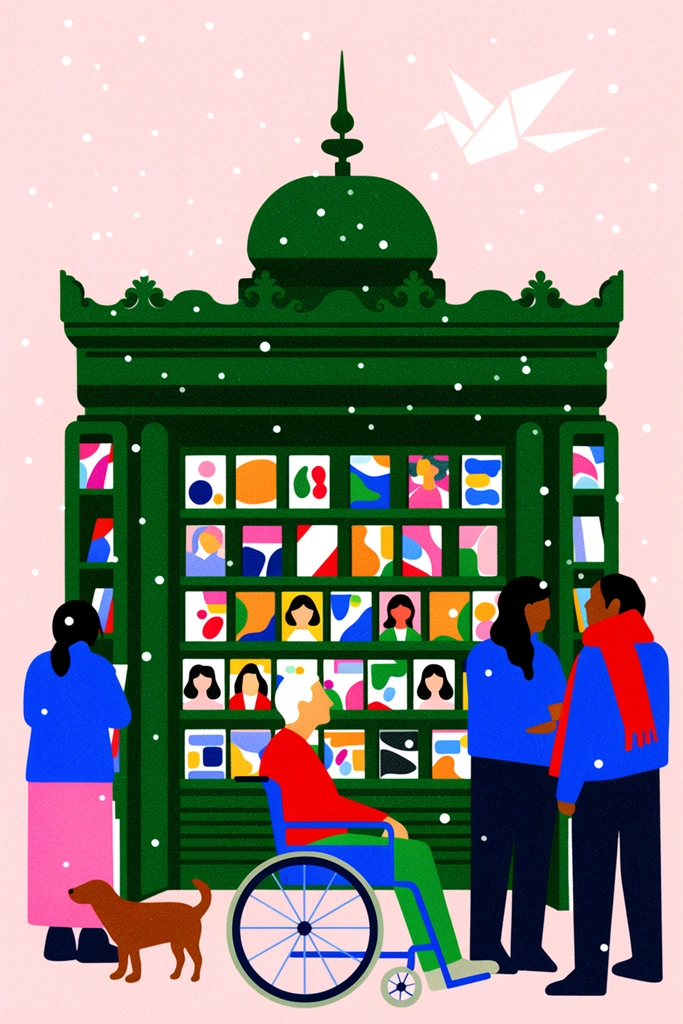 A vibrant, textured flat vector illustration of a dark green ornate newsstand against a solid pale pink background during a snowfall. The stand displays magazines with colorful abstract and portrait covers. A person in a blue top and pink skirt stands near a small brown dog. In the center, an individual with white hair sits in a blue wheelchair wearing a red shirt and green pants. On the right, two people converse, wearing blue jackets and a bright red scarf. A stylized white origami bird flies above the green roof. The composition utilizes solid color blocking, minimalist character designs, and a pervasive stippled grain overlay.