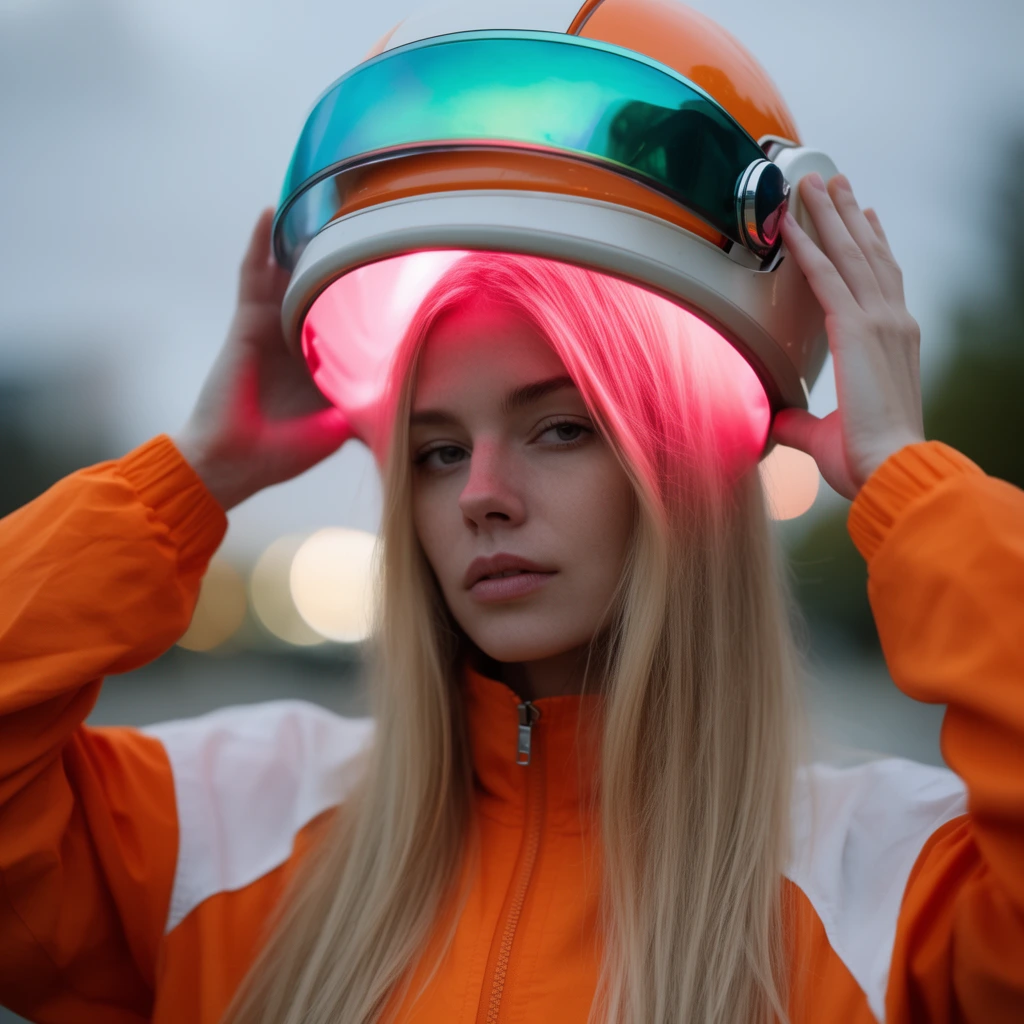 A fair-skinned woman with long straight blonde hair gazes directly forward, holding a retro-futuristic white and orange helmet slightly above her head. The helmet features an iridescent teal visor and emits a vibrant pinkish-red internal glow that illuminates her hair. She wears a bright orange zip-up jacket with white shoulder panels. The shallow depth of field creates a heavily blurred background of an overcast outdoor setting at dusk, punctuated by soft bokeh circles from distant lights.