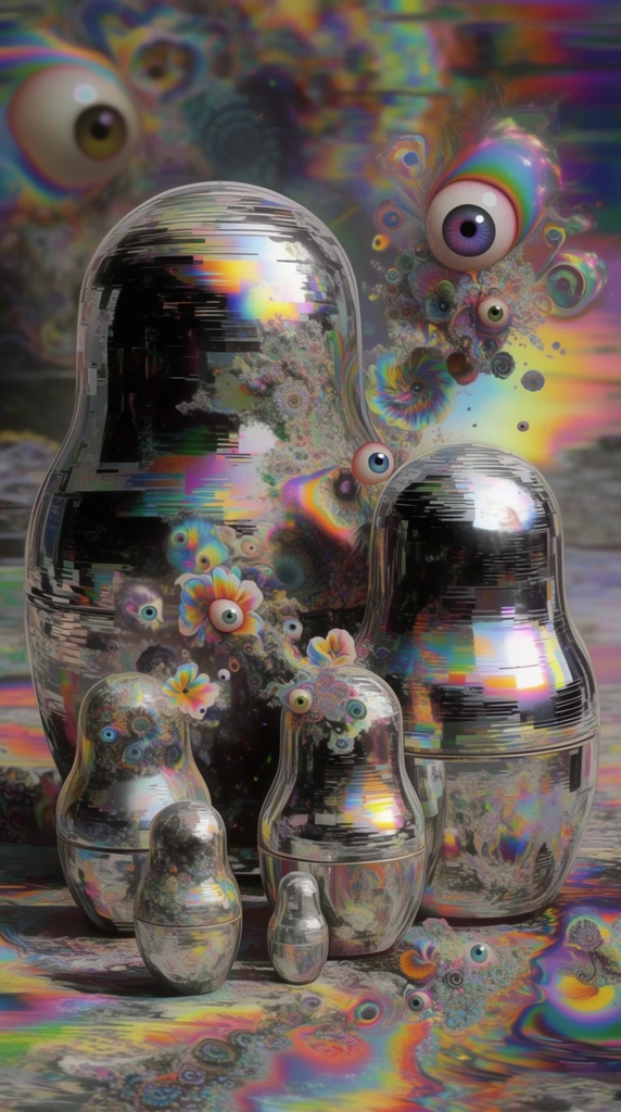 Six nesting dolls arranged in a tight group, rendered in a dense, hallucinatory algorithmic digital art style. The graduated sequence of dolls features fragmented, metallic chrome surfaces heavily distorted by intense horizontal rippling and digital glitch banding. These synthetic forms fuse with surreal, neural-network-generated artifacts, manifesting as disembodied, vivid floating eyes, swirling cellular fractals, and mutated floral bursts erupting directly from the figures and the surrounding atmosphere. The color palette consists of a highly reflective silver and grey base severely fractured by hyper-saturated chromatic aberrations, iridescent neon gradients, and prismatic rainbow bleeding. The flattened, chaotic environment surrounding the group echoes the same psychedelic digital surrealism, saturated with horizontal smear effects, glowing ethereal highlights, and hyper-detailed, densely patterned fractal textures.