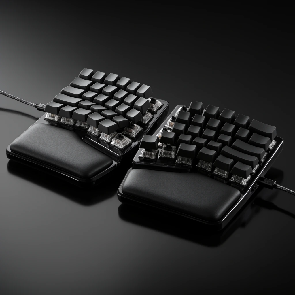 A split ergonomic mechanical keyboard positioned on a reflective black surface in a dark studio environment. The device comprises two separate angled halves featuring matte black sculpted keycaps hovering over exposed transparent switches. Each half integrates a sleek, cushioned black wrist rest at its base, with braided cables plugged into the outer side edges. Soft, diffused overhead lighting creates a moody, monochromatic aesthetic, highlighting the precise geometric contours and contrasting matte and glossy textures.