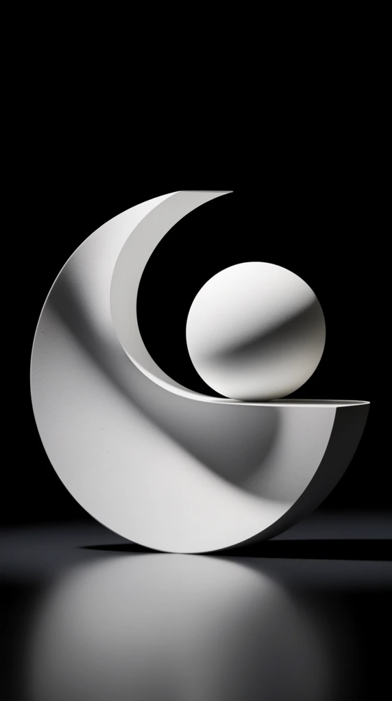 A minimalist white geometric sculpture against a pure black background. A sweeping crescent form loops inward to create a flat ledge supporting a perfect sphere. Dramatic high-contrast lighting casts sharp shadows across the matte, subtly textured surface resting on a dark reflective floor.