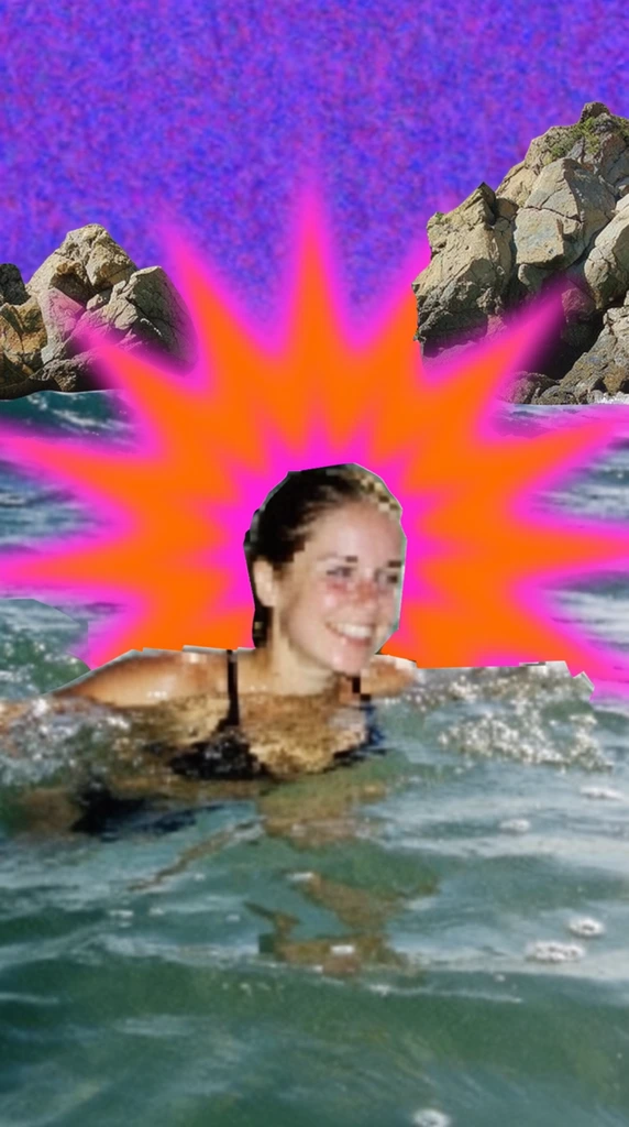 A person swimming in choppy ocean waves, rendered in a surreal, low-resolution Y2K amateur digital collage aesthetic. The swimmer is a harsh photographic cutout with jagged, pixelated borders and mismatched flash lighting, pasted over disjointed layers of highly textured water. A glaring, hyper-saturated neon orange and vivid magenta starburst aura radiates directly behind the swimmer, contrasting against a deeply saturated, highly compressed mottled purple sky. Jagged rock formations in the background stand out as artificial, flatly overlaid graphic elements with sharply defined margins. The composition is heavily textured with aggressive JPEG compression artifacts, coarse digital grain, discordant native shadows on individual elements, and a chaotic, flat two-dimensional layering technique characteristic of kitschy early-internet digital art.