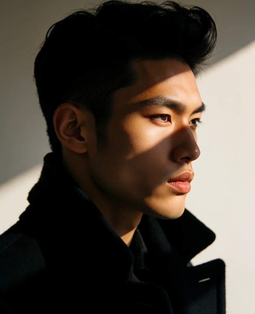 A dramatic side-profile portrait of a young man is shown against a plain wall, with a sharp band of sunlight cutting across his face and the background, creating a calm, introspective, cinematic mood. photographic portrait, studio-natural light hybrid, contemporary editorial fashion, fine art portraiture, hyperrealistic, high detail, minimalist composition, moody, sculptural lighting, cinematic, quiet, refined, medium visual complexity, adjacent to Peter Lindbergh, Ryan McGinley, Nick Knight, warm neutral palette, beige, taupe, charcoal black, golden skin tones, soft gray, high contrast, controlled exposure, crisp focus on face, shallow to moderate depth of field, no visible grain, no motion blur, no distortion, no text, no watermark. The subject occupies most of the frame, positioned slightly left of center but facing toward the right edge. He appears to be a young East Asian man with smooth warm-toned skin, a strong jawline, straight nose, full lips, and a calm, serious expression. His head is turned in perfect right-facing profile, eyes looking slightly downward and forward, not at the viewer. His black hair is thick and tousled, with volume concentrated on the crown and top, while the sides are cut shorter and close to the scalp. His visible left ear sits near the center-left of the image, clearly outlined by the light. A bright diagonal beam of sunlight enters from the upper right and crosses downward toward the lower left, striking his forehead, eyebrow ridge, eyelid, upper cheek, nose bridge, nostril, lips, chin, and the front edge of his neck. The light makes his skin gleam subtly, emphasizing pores and natural texture. The back of his head, rear neck, and most of his clothing fall into deep shadow. He wears a dark, heavy coat with a high turned-up collar that rises around the neck and frames the lower part of the portrait; the collar opens slightly at the front near the bottom center. The background is a plain smooth wall in muted gray-beige, with the same diagonal light stripe continuing behind him, echoing the angle of his face and reinforcing the image’s clean, geometric composition.