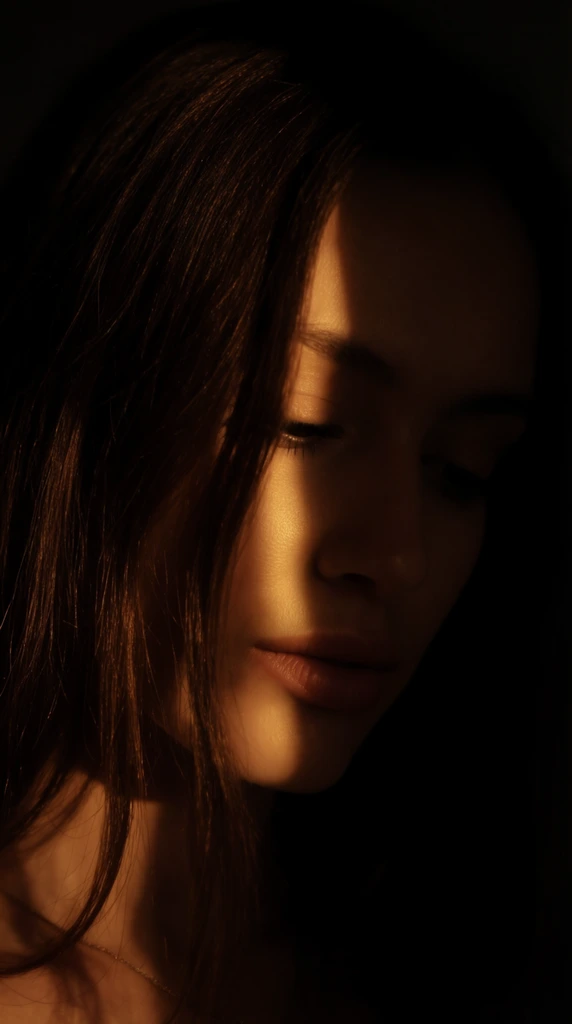 A close-up portrait of a woman's face partially illuminated by a sliver of warm, golden directional light against a pitch-black background. Her head is angled softly downward, creating an intense chiaroscuro effect. Long, dark brown hair cascades down the left side of her face, catching subtle amber highlights. The narrow band of light accentuates her lowered eyelids, cheekbone, and full lips, while the right half of her face dissolves entirely into deep shadows. A delicate chain rests faintly on her collarbone in the lower left. The cinematic, low-key photography emphasizes the moody atmosphere with a warm palette of bronze and obsidian.