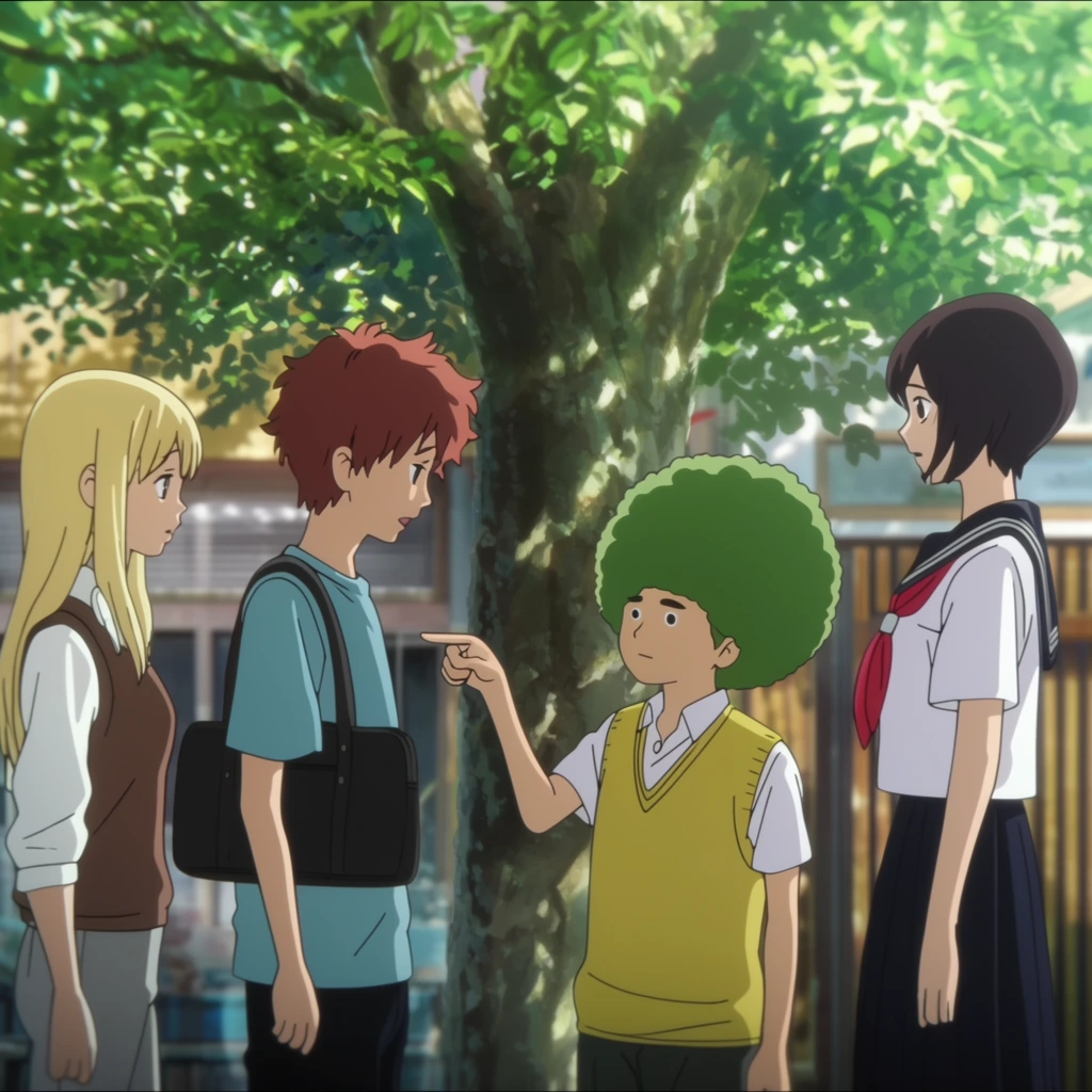 Four teenagers converse under the dappled shade of a large leafy tree in a vibrant 2D animated style. On the left, a blonde girl in a brown vest and a boy with messy reddish-brown hair and a black shoulder bag face the center. Between them stands a shorter boy with a prominent, round green afro and a yellow sweater vest, pointing his index finger at the reddish-haired boy. On the right, a tall girl with short dark hair wears a white sailor uniform with a red neckerchief and dark pleated skirt. The tree's bright green foliage casts luminous dappled sunlight across the group. A softly blurred background features sunlit buildings with wooden slats and windows, emphasizing the cinematic lighting, crisp linework, and shallow depth of field.